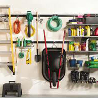 Image of a wall filled with garden tools, etc. organized.